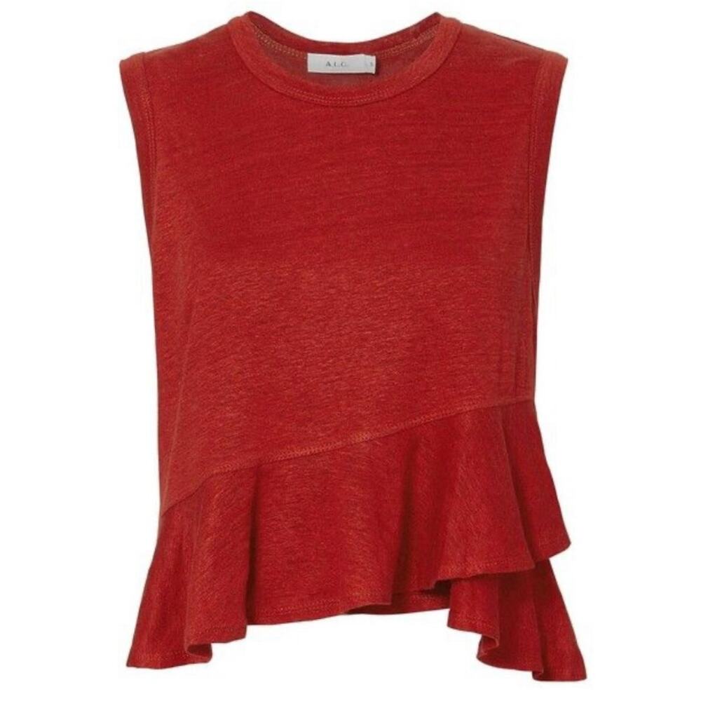 ALC 100% Linen Tomato Soup Red Asymmetric Sleeveless Tank Top Soft EUC S Ruffle